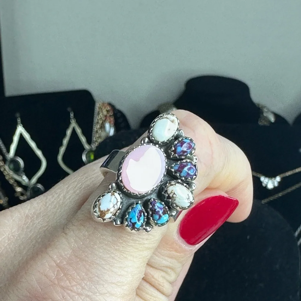 Sterling Silver Pink Conch & Composite gemstones half flower Ring Sz 6.5 adj - Picture 5 of 14